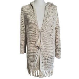 J JILL Beige Hooded Crochet Fringe Open Cardigan Sweater - Women's M Petite